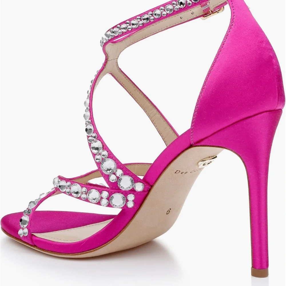 New! Dee Ocleppo designer Satin Magenta Pink Strappy Heels Rhinestones SZ 8 - Picture 5 of 16